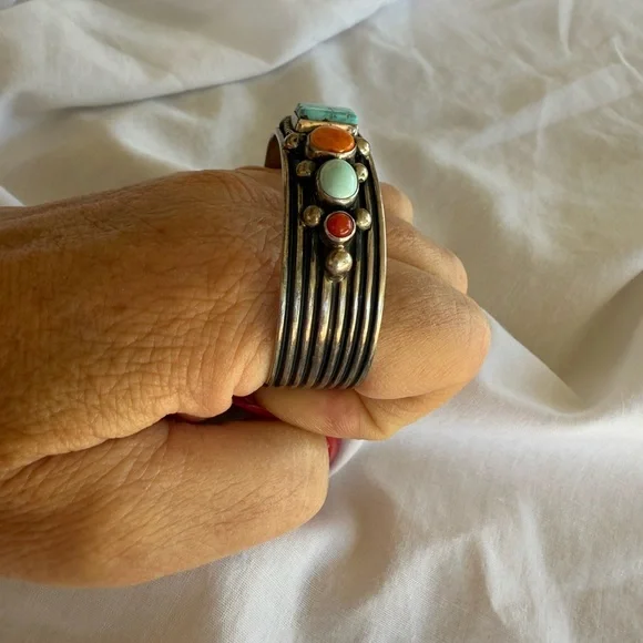 A. Jake Navajo Bracelet Turquoise & Coral Stone Sterling Silver Bracelet 7” NWOT - Picture 8 of 11